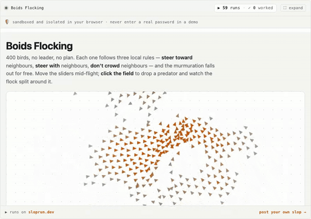 The boids flocking demo on sloprun.dev: 400 birds forming a murmuration from three local rules