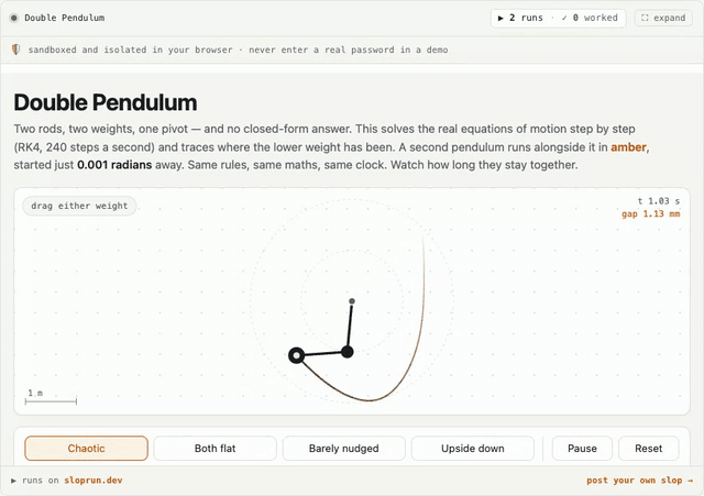 The double pendulum demo: two nearly identical pendulums tracing diverging paths