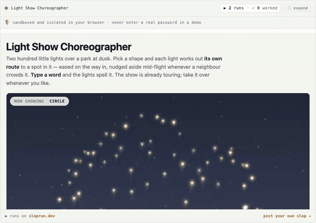 The light show choreographer demo: 200 lights arranging themselves into a star over a park at dusk