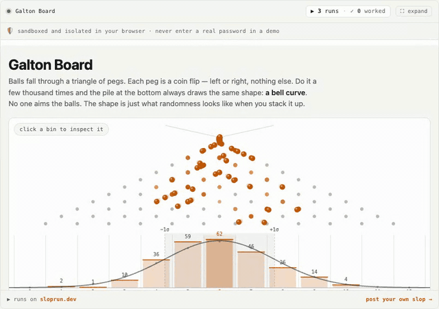 The Galton board demo: balls bounce through pegs and pile into a normal distribution