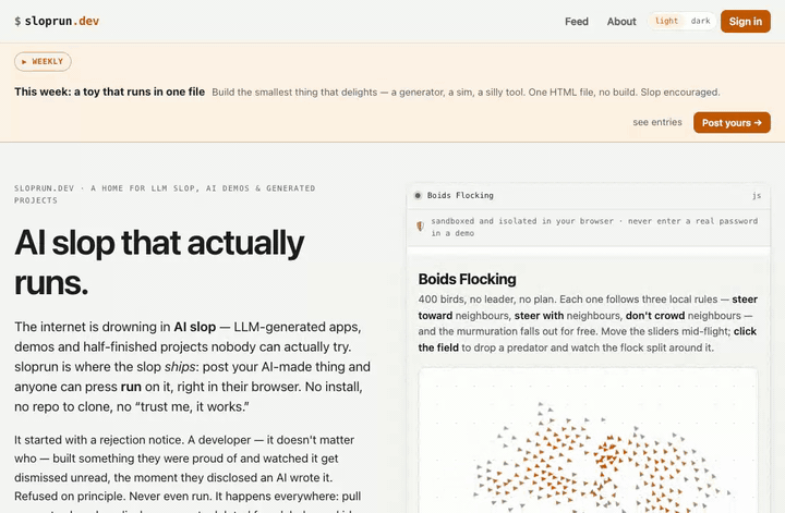 Scrolling the sloprun.dev homepage: the demo shelf, then the three rules — Post it, Run it, Label it honestly